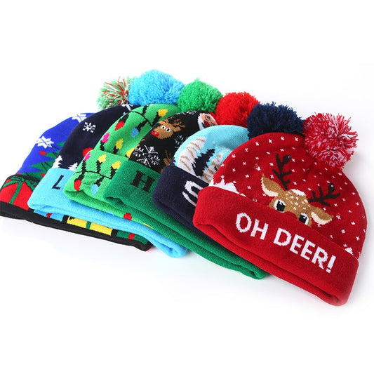 2022 New Year Christmas LED Knitted Caps Adult Child Light Up Beanie Autumn Winter Elastic Hats  Cute Cap Wholesale Christmas