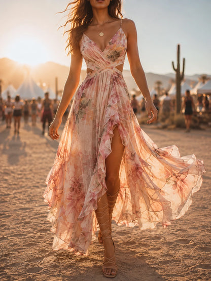 Blush Watercolor Floral Cutout Ruffle Maxi Dress