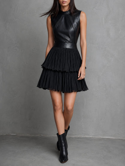 Chic Black Eco Leather & Pleated Chiffon Tiered Skirt Mini Dress