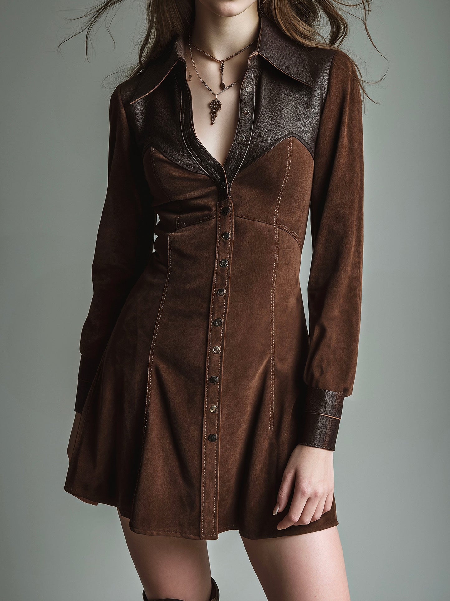 Vintage Western-Inspired Microsuede Mini Dress With Leather Details