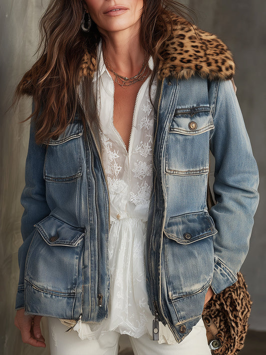 Vintage Washed Detachable Leopard Print Faux Fur Collar Denim Jacket