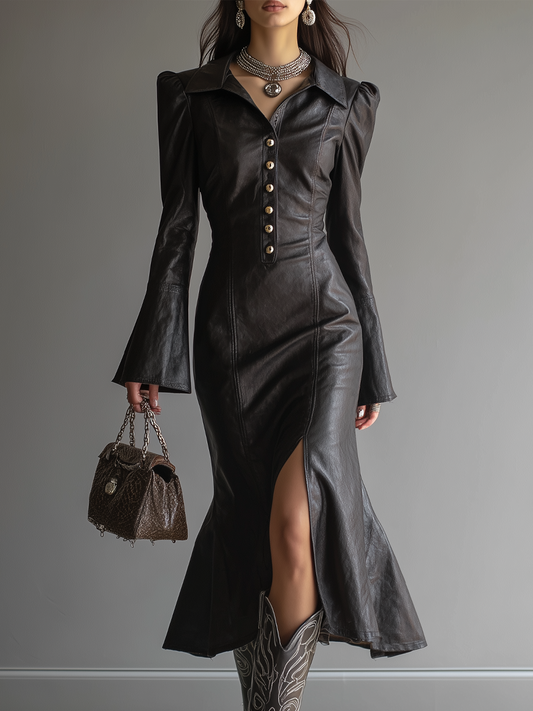 Retro Button Flare Sleeve Eco-leather Midi Dress