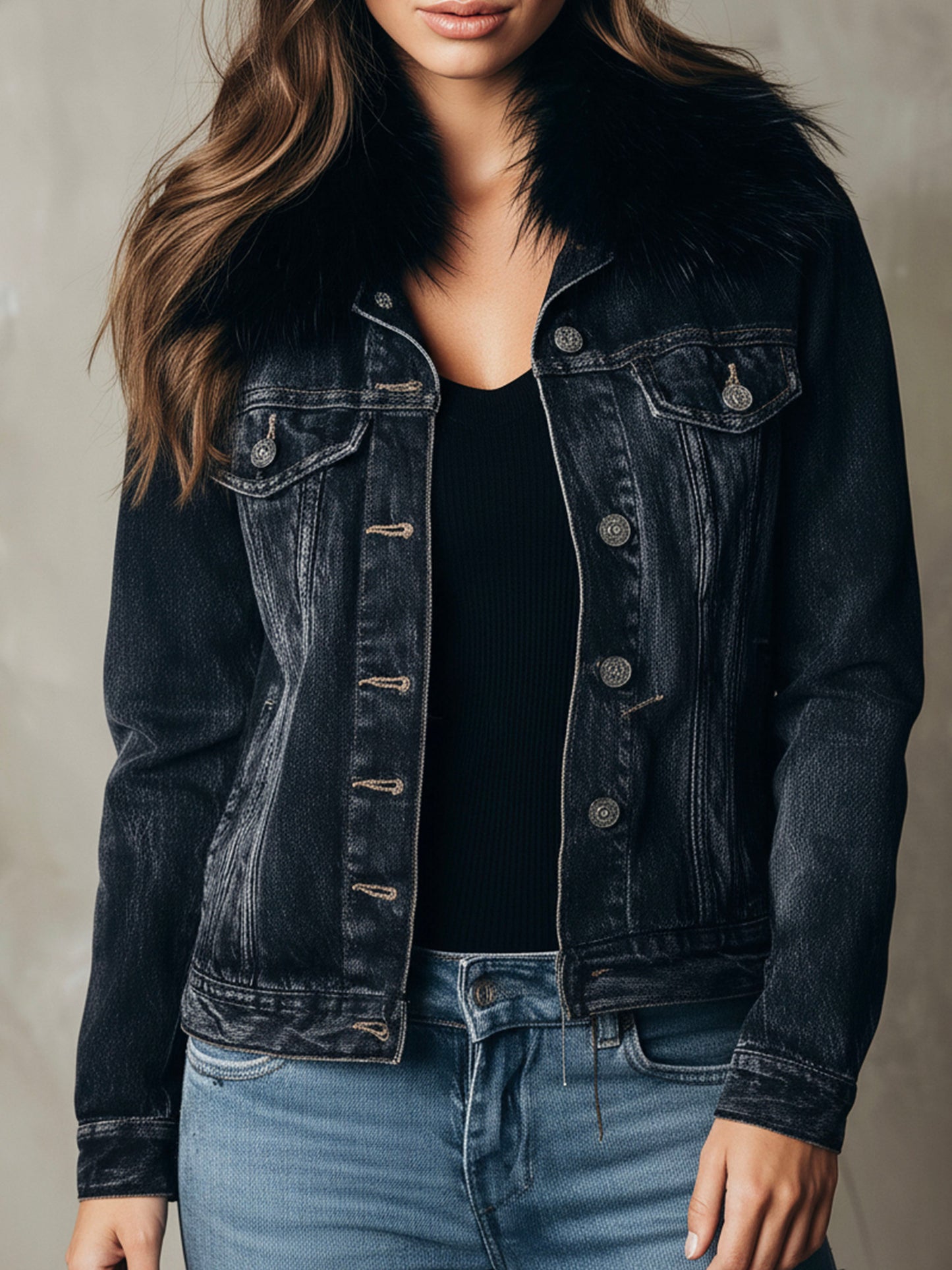 Classic Dark Blue Eco Fur Collar Denim Jacket
