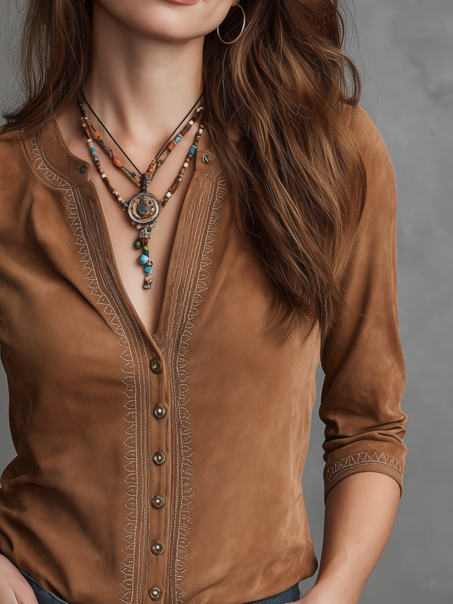 Vintage Embroidered Trim Suede Blouse