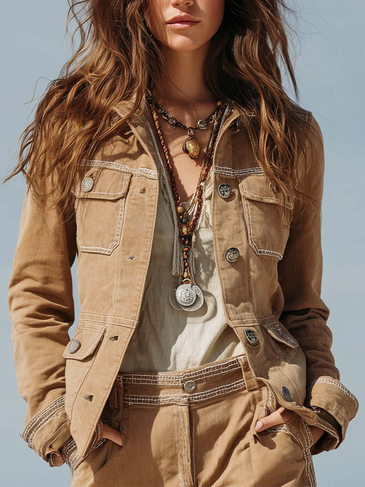 Sand Beige Washed Twill Western Jacket With Contrasting Stitching