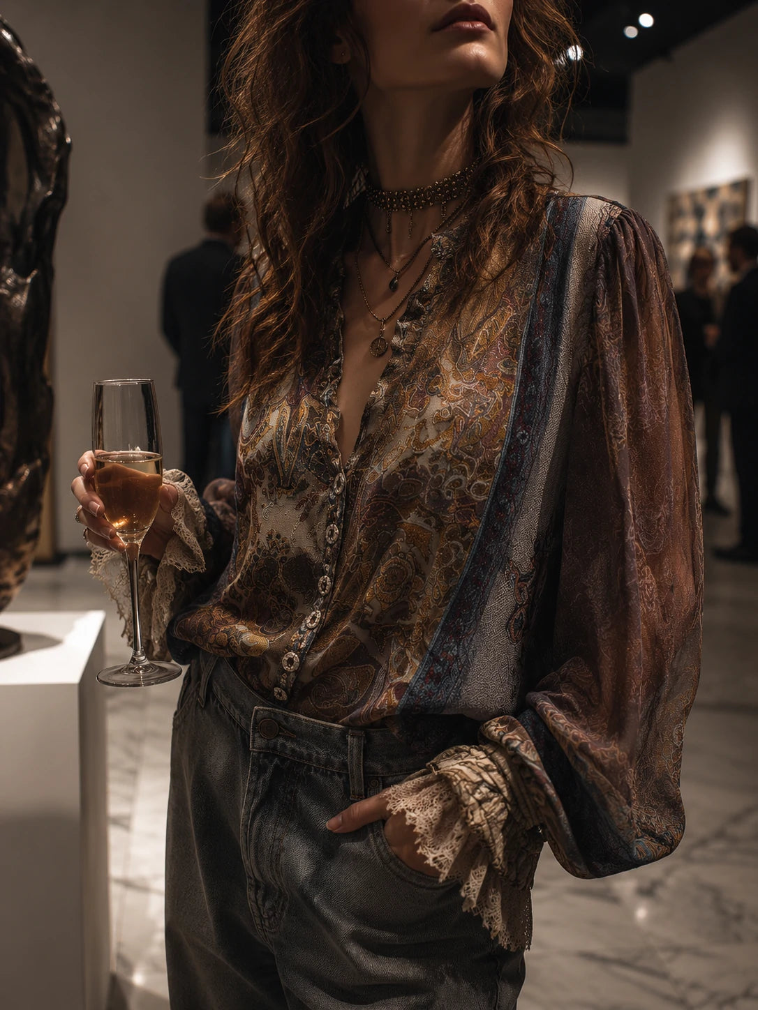Vintage Paisley Sheer Blouse With Lace Cuff Detailing