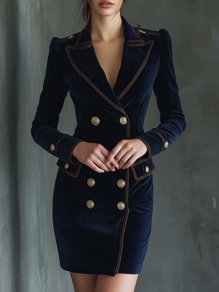 Midnight Navy Velvet Double-Breasted Blazer Dress