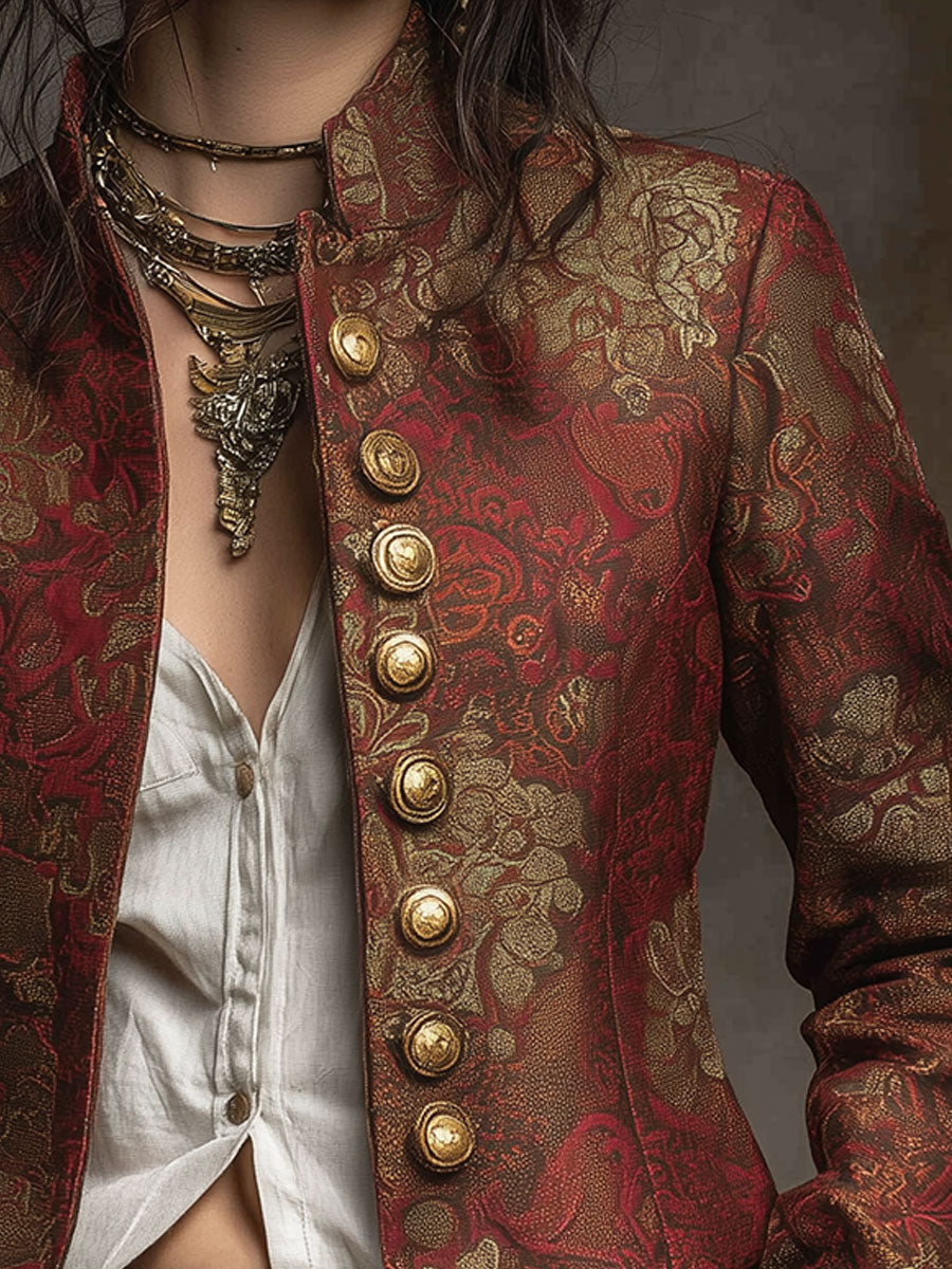 Vintage Print Metal Button Short Blazer