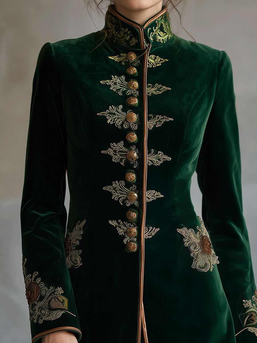 Vintage Green Velvet Mandarin Embroidered Collar Jacket