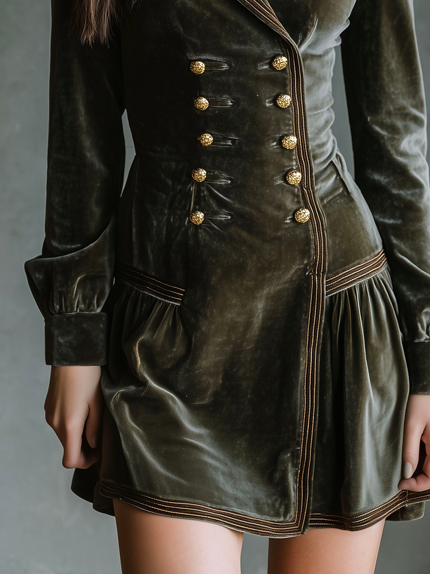 Vintage Double-Breasted Army Green Velvet Blazer Dress With Pleated Hem