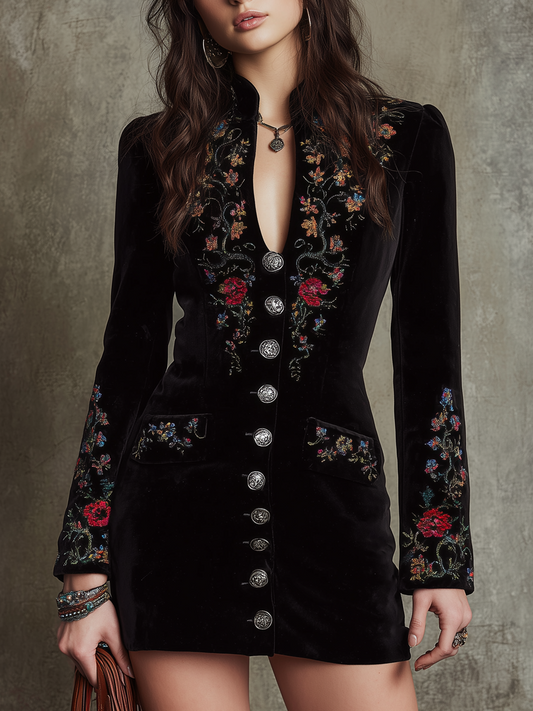 Retro Stand V Neck Embroidered Polyester Velvet Slim Mini Dress