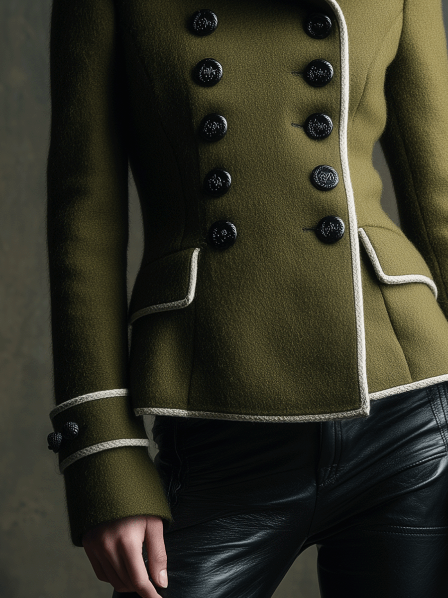 Retro Double-Breasted Wool Contrast Piping Jacket