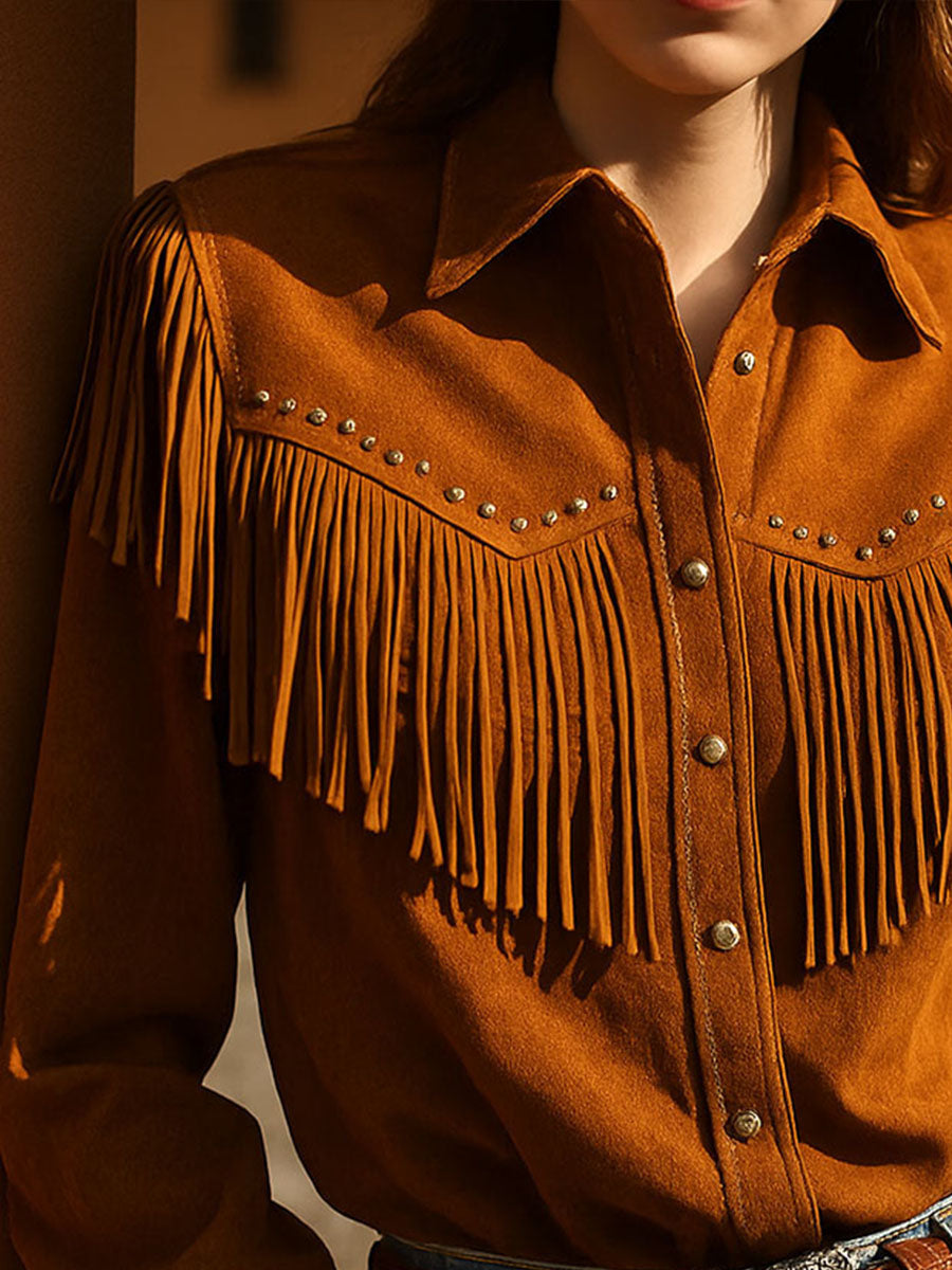 Boho Chic Brown Fringe Shirt With Buttons