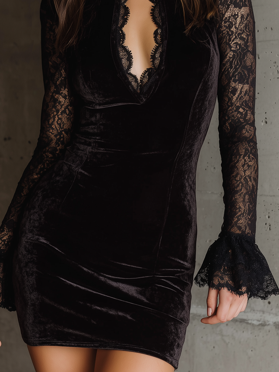 Retro Keyhole Neck Lace Cuffs Polyester Velvet Mini Dress