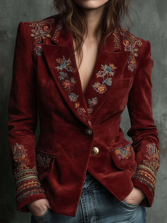 Vintage Burgundy Velvet Embroidered Blazer