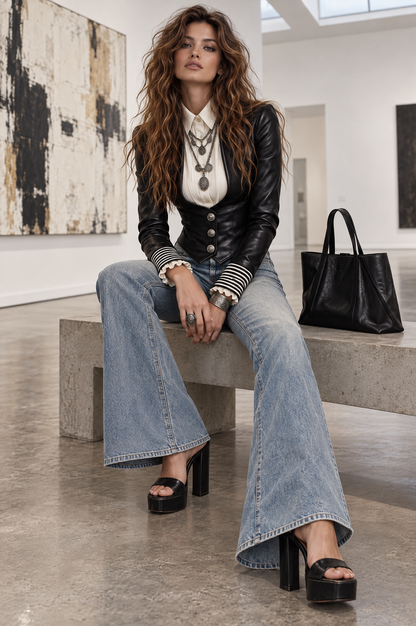 Boho Black Faux Leather Cropped Fitted Jacket With Metal Buttons