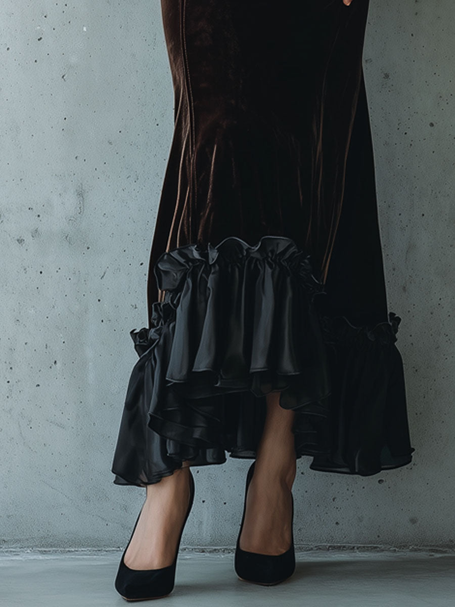 Victorian Dark Brown Velvet Buttoned Corset Maxi Dress With Ruffled Details