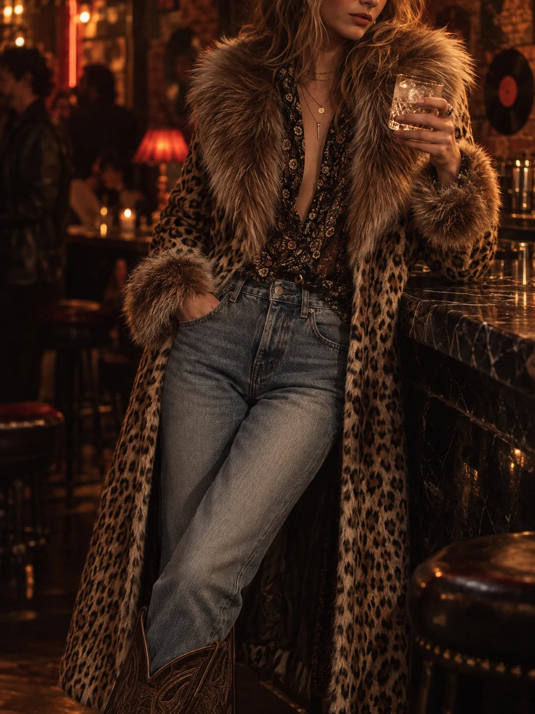 Vintage Boho Leopard  Faux Fur Longline Coat