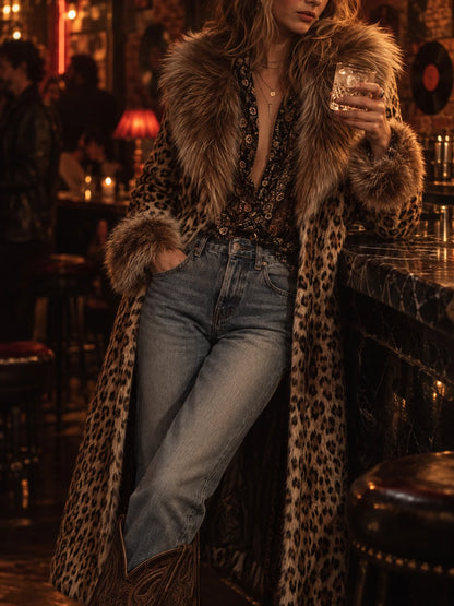 Vintage Boho Leopard  Faux Fur Longline Coat