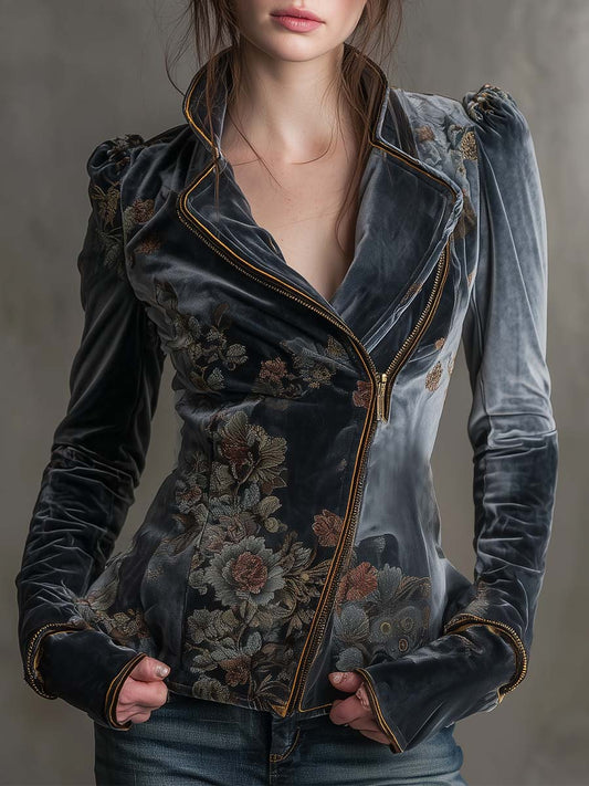 Vintage Floral Embroidered Velvet Moto Jacket – Midnight Bloom
