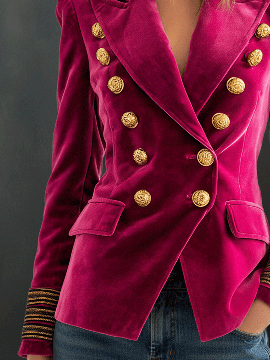 Bohemian Luxe Double-Breasted Velvet Deep Fuchsia Jacket