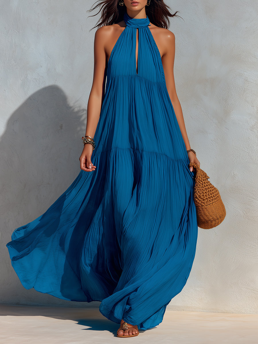 Holiday Ruffled Hem Keyhole Collar Maxi Dress
