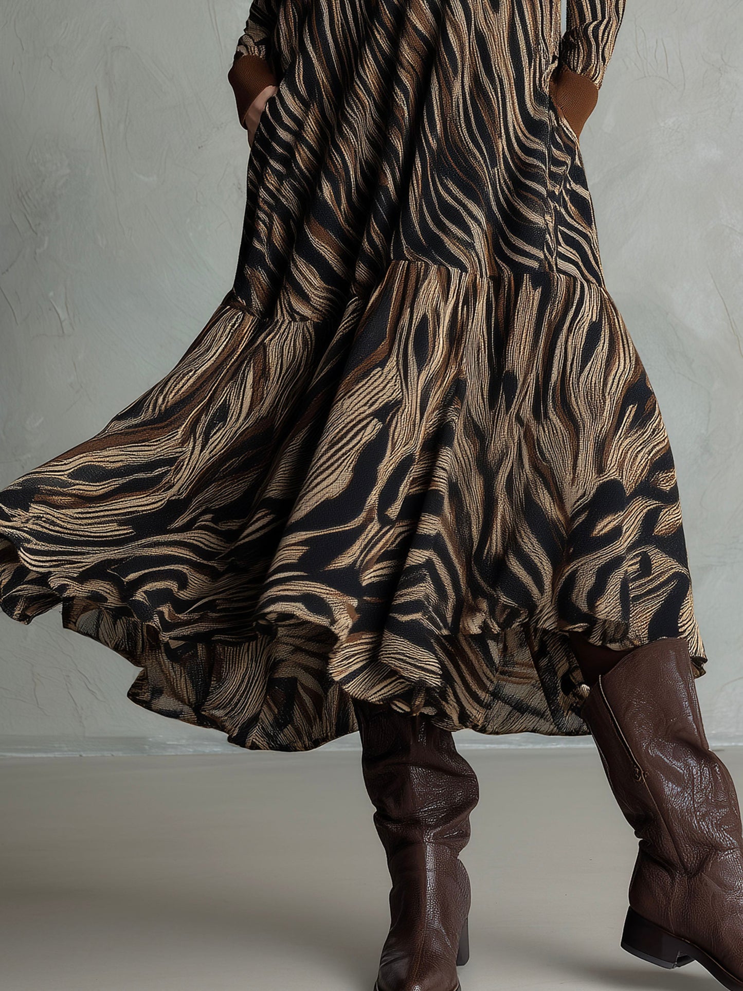 Zebra Print Maxi Dress – Long Sleeve Flowy Polo Dress With Button Front And Brown Collar