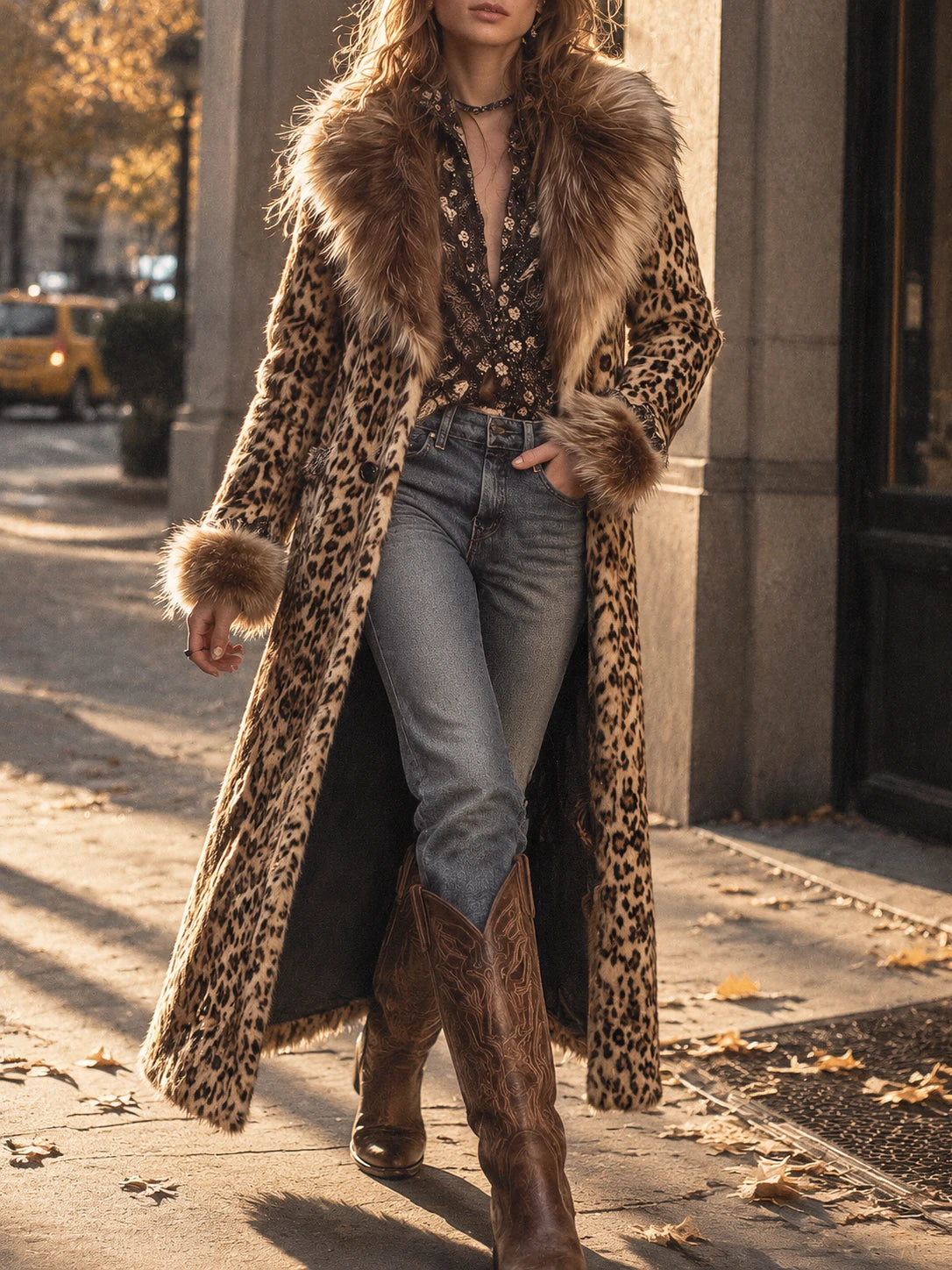 Vintage Boho Leopard  Faux Fur Longline Coat