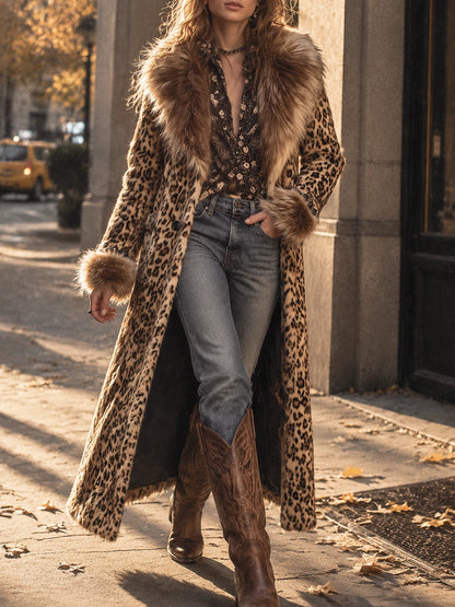 Vintage Boho Leopard  Faux Fur Longline Coat