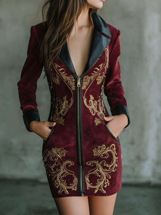 Retro Burgundy Microsuede Gold Baroque Embroidered Dress With Leather Trim