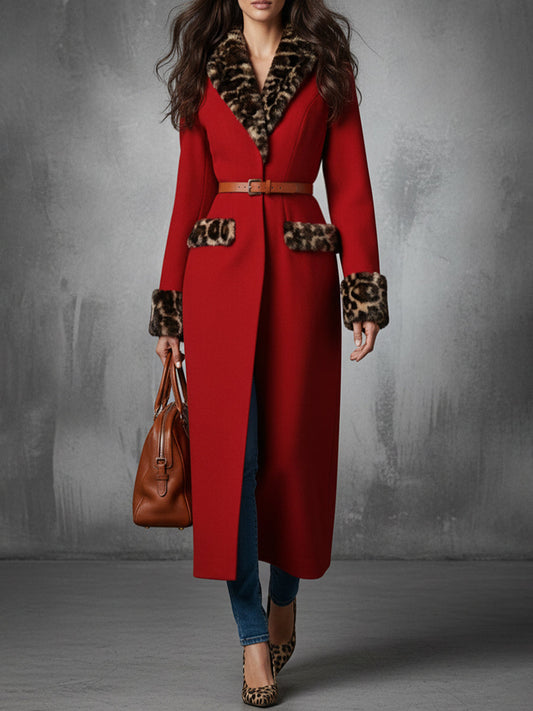 Wild Elegance Scarlet Wool Coat With Leopard Trim