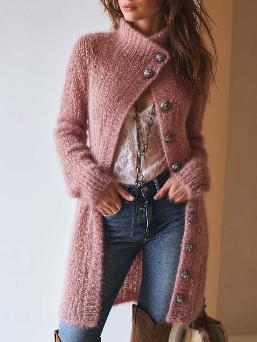 Vintage-style Mohair Asymmetrical Placket Mid-length Cardigan