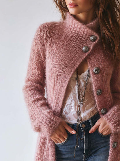 Vintage-style Mohair Asymmetrical Placket Mid-length Cardigan
