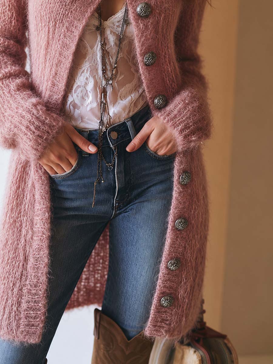 Vintage-style Mohair Asymmetrical Placket Mid-length Cardigan