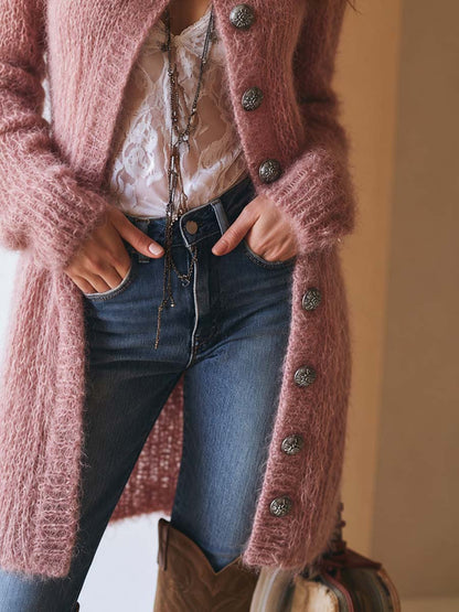 Vintage-style Mohair Asymmetrical Placket Mid-length Cardigan