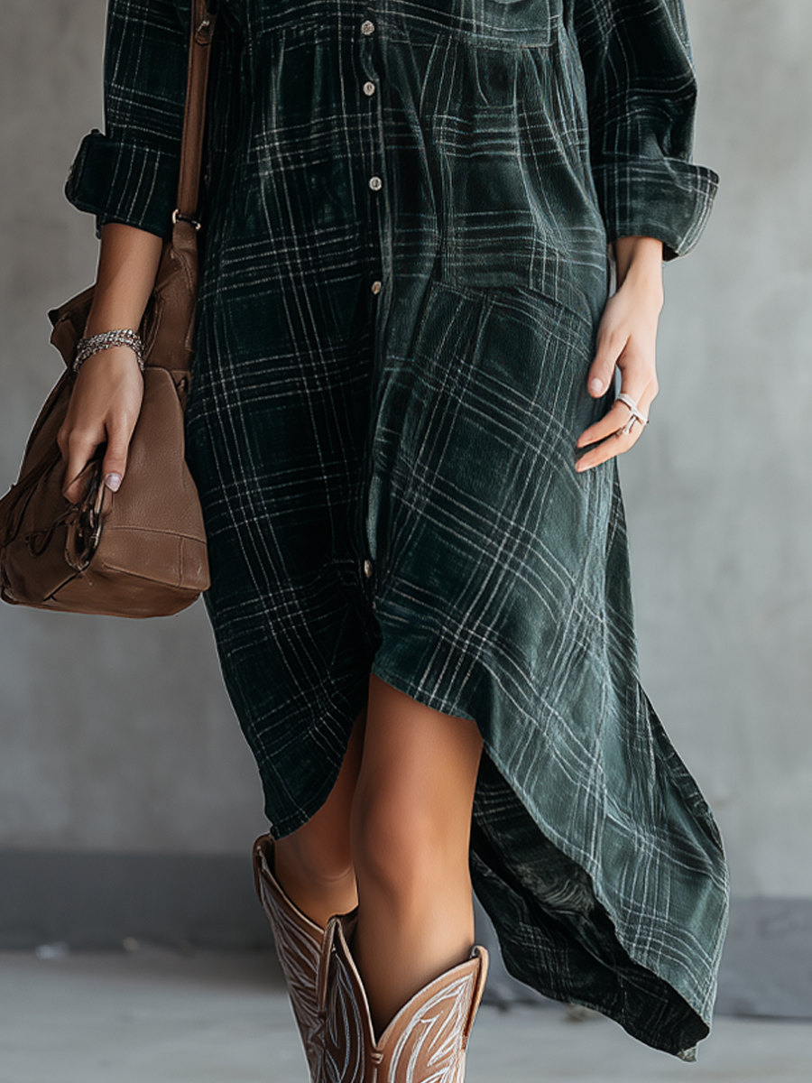 Vintage Polyester Suede Plaid Midi Dress