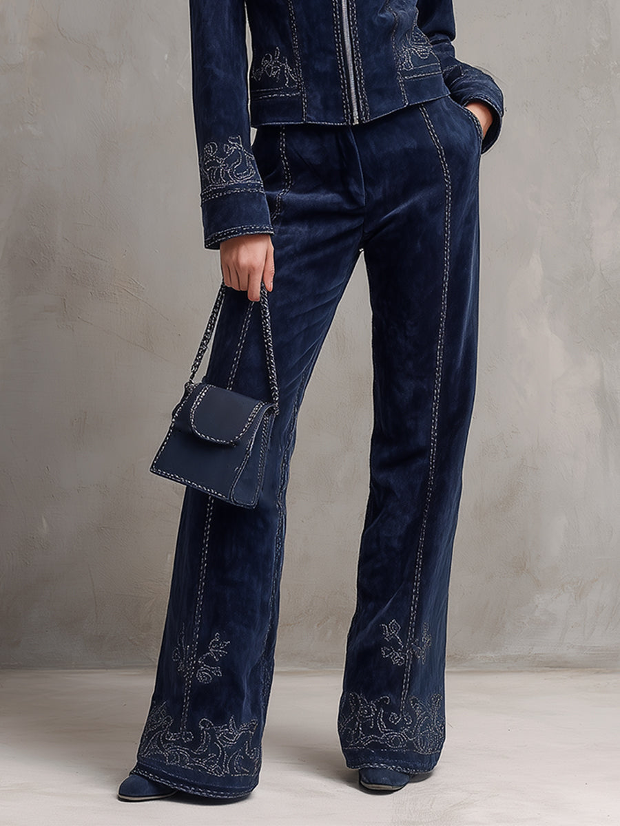 Vintage Suede Embroidered Front Zip Straight Jacket