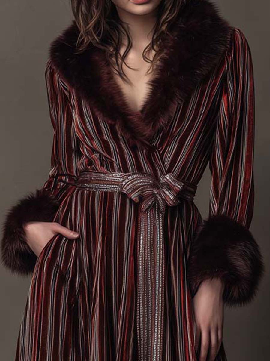 Vintage Striped Velvet Coat With Faux Fur Trim