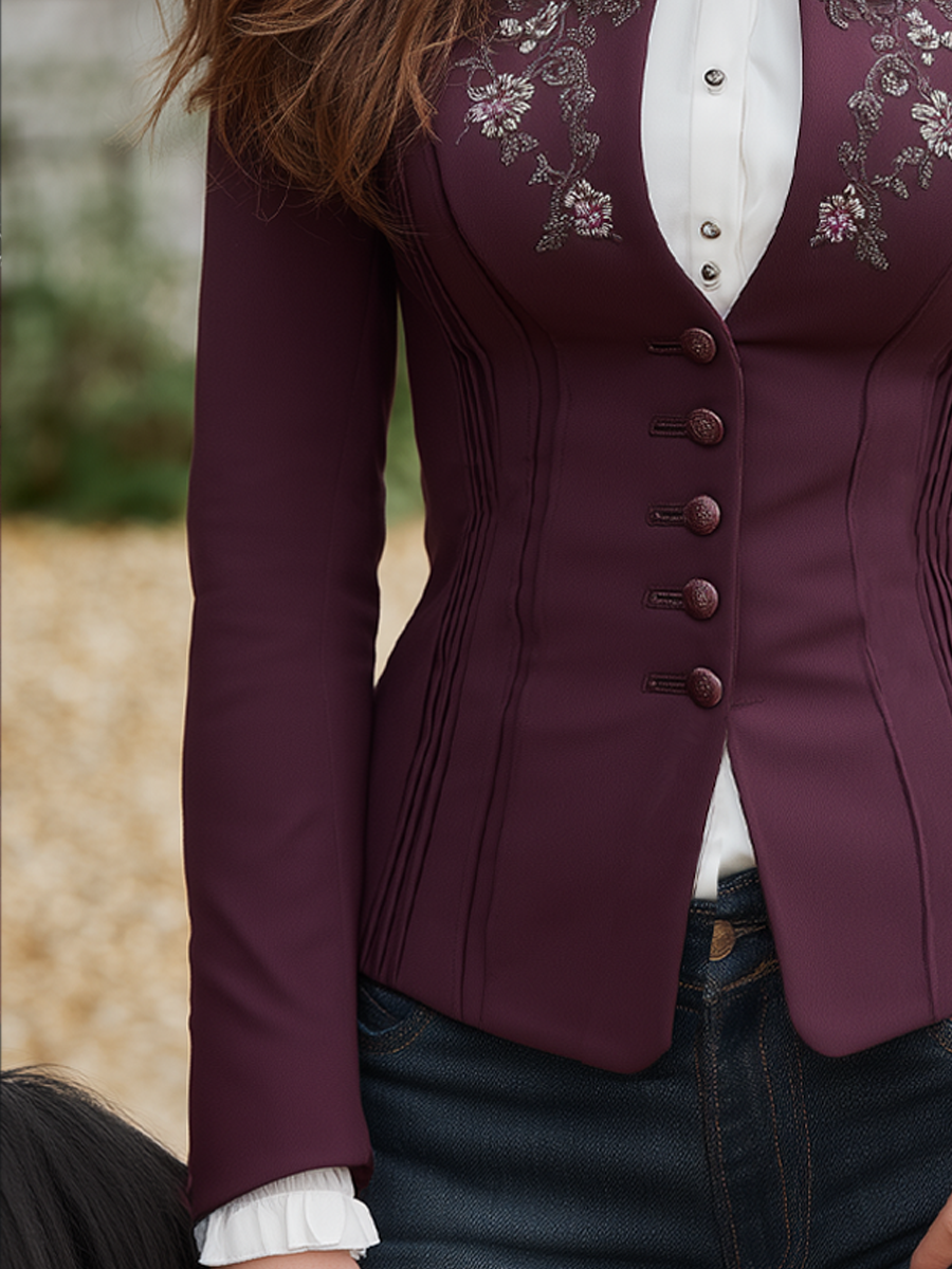 Retro Contrast Trim Floral Embroidered Blazer
