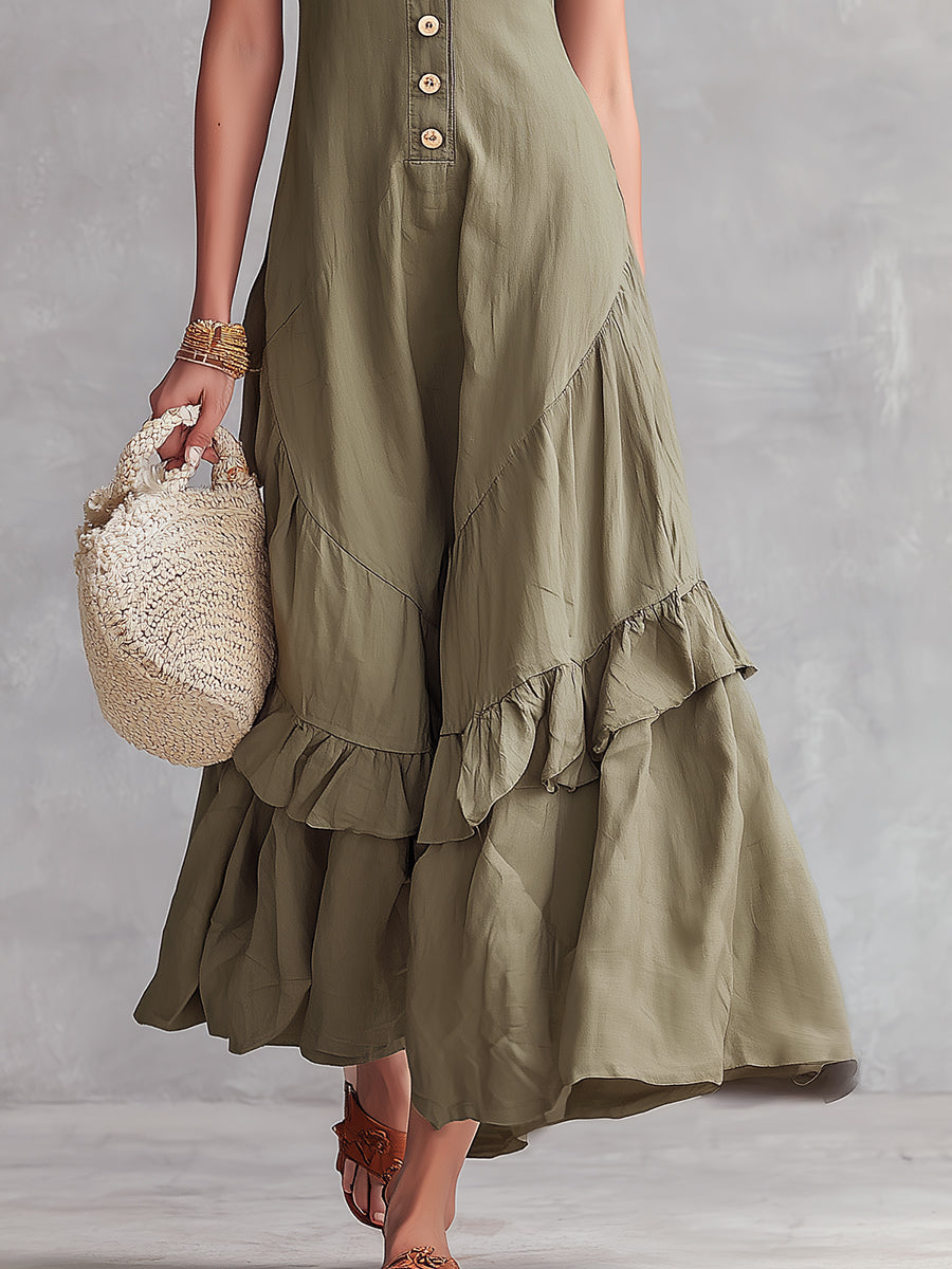 Retro V-neck Button Design Ruffled Hem Maxi Dress