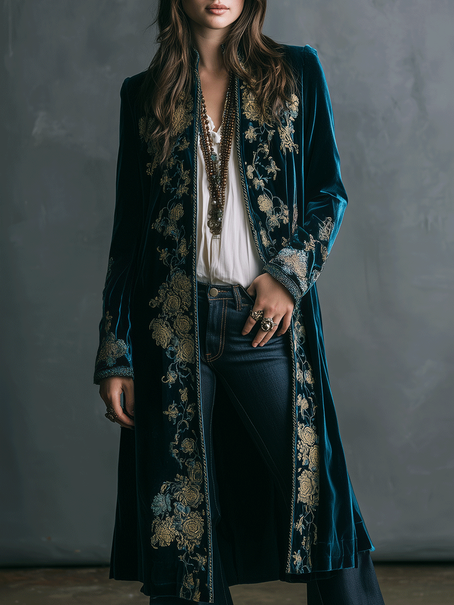 Vintage Floral Velvet Maxi Coat