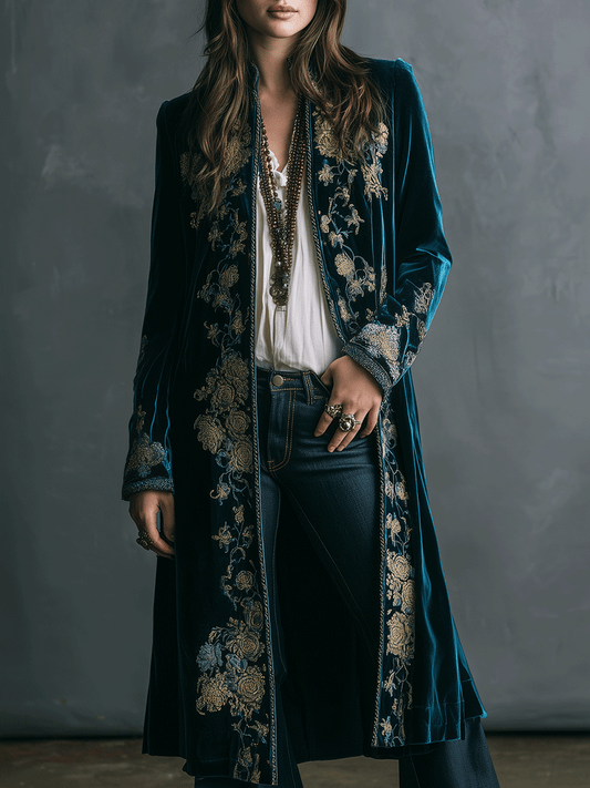 Vintage Floral Velvet Maxi Coat