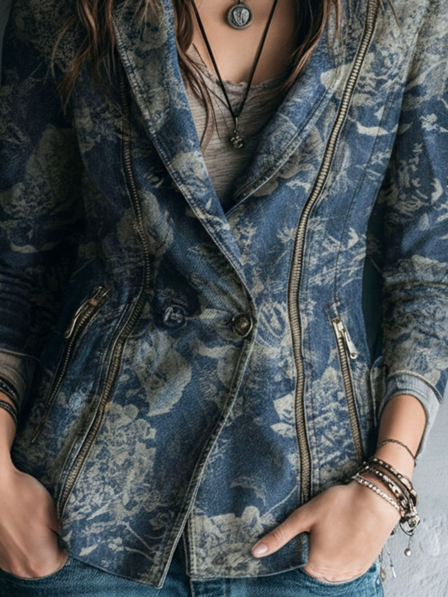 Vintage Blue Floral Double-Breasted Denim Blazer