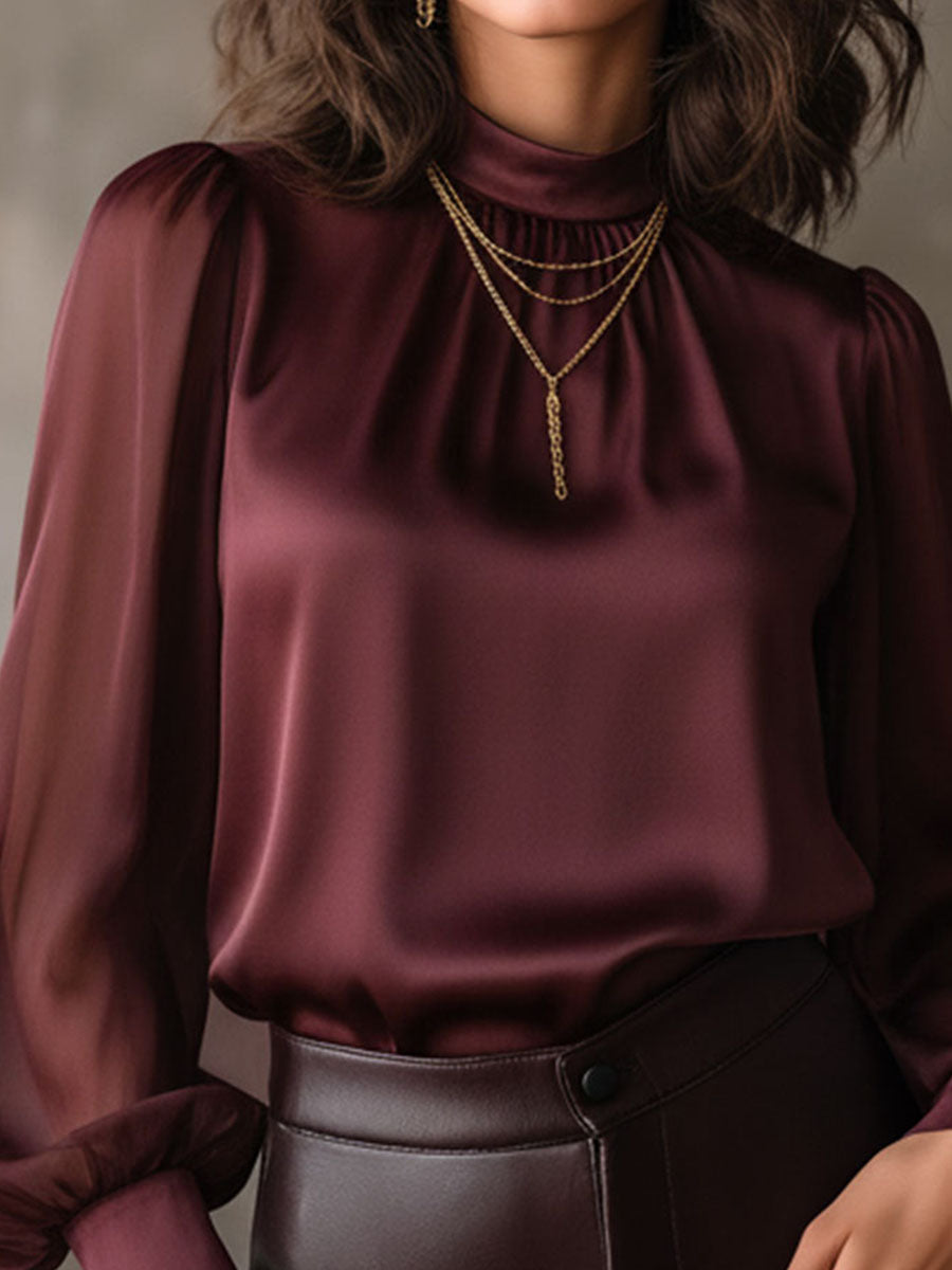 Elegant High Neck Burgundy Sheer Chiffon Sleeves Satin Blouse