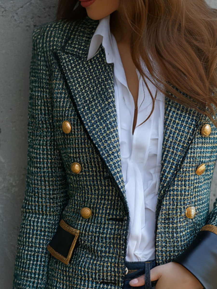 Elegant Double-Breasted Leather Trim Tweed Blazer