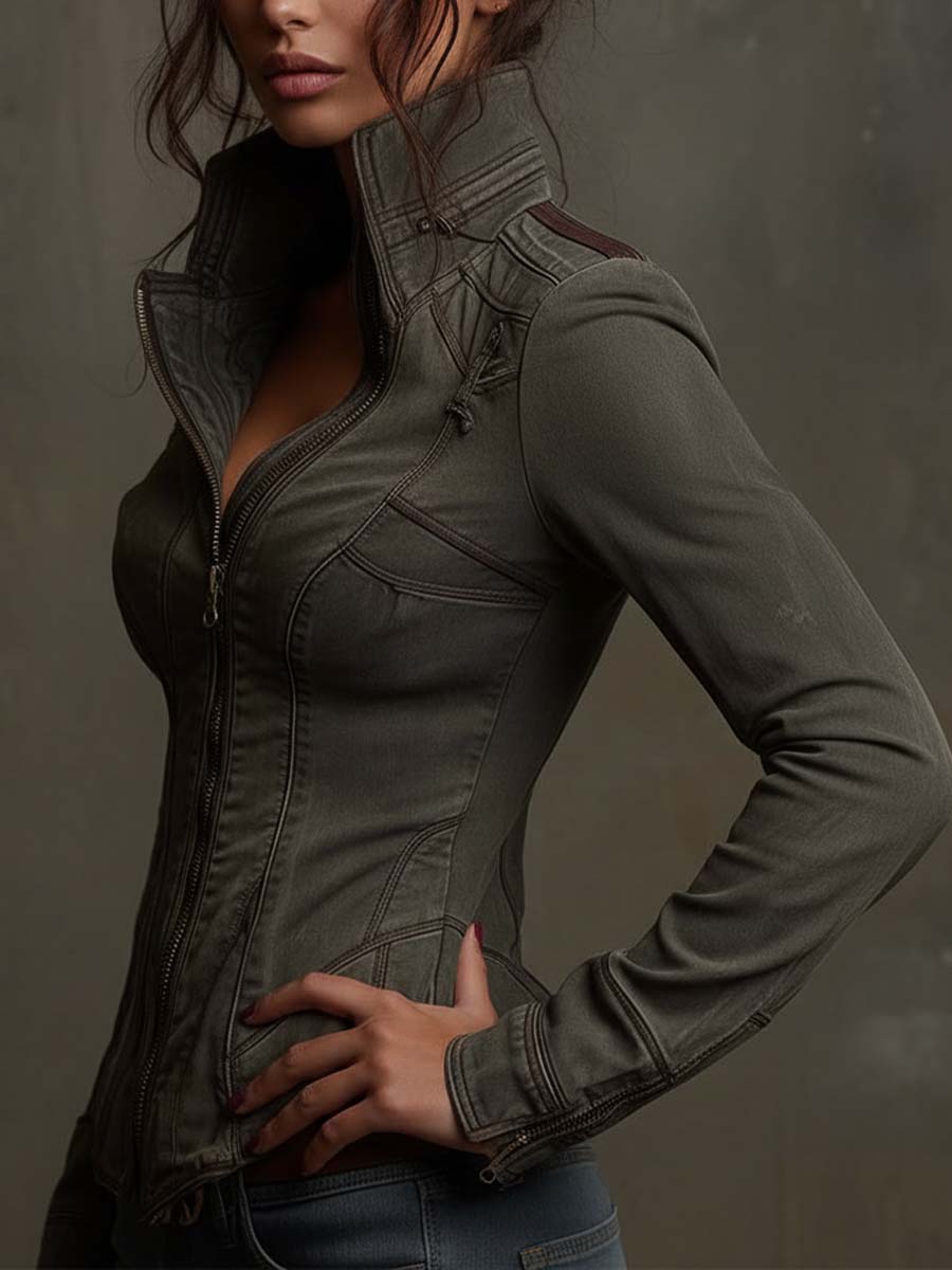 Vintage Washed Denim Fitted Jacket – Smoky Olive