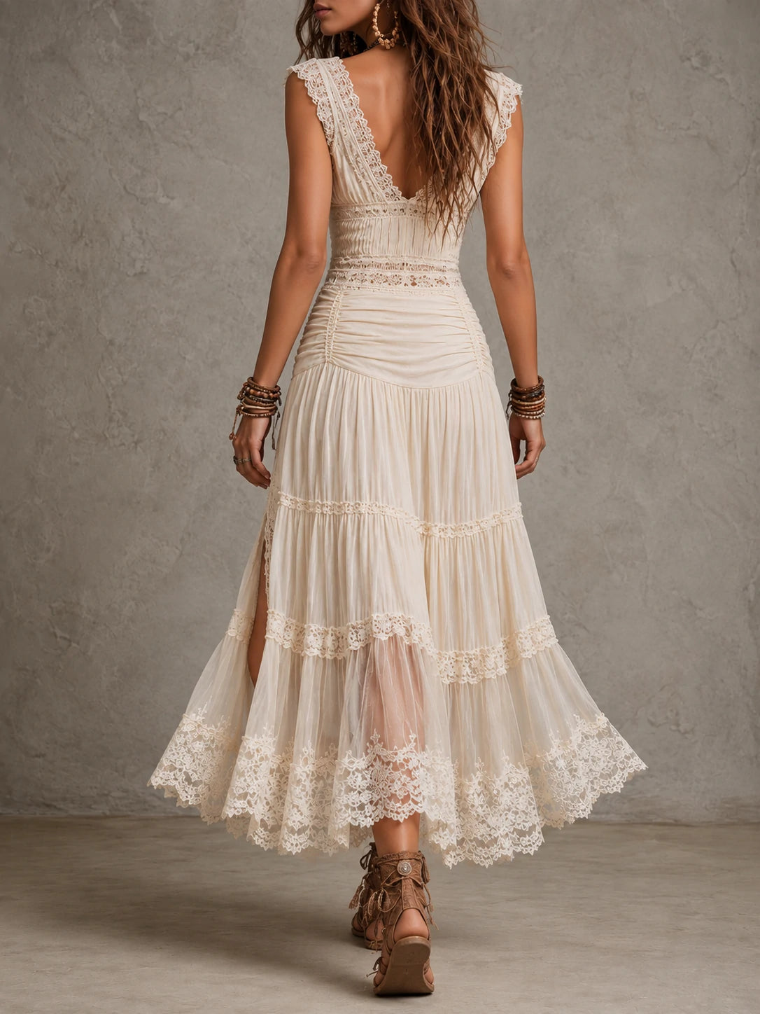 Bohemian Cream Knit-Cotton Lace Trim Maxi Dress