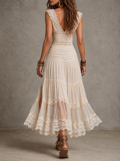 Bohemian Cream Knit-Cotton Lace Trim Maxi Dress