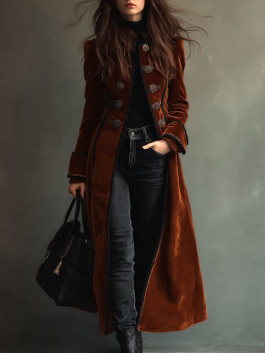 Retro Contrast Color Trim Polyester Velvet Long Coat