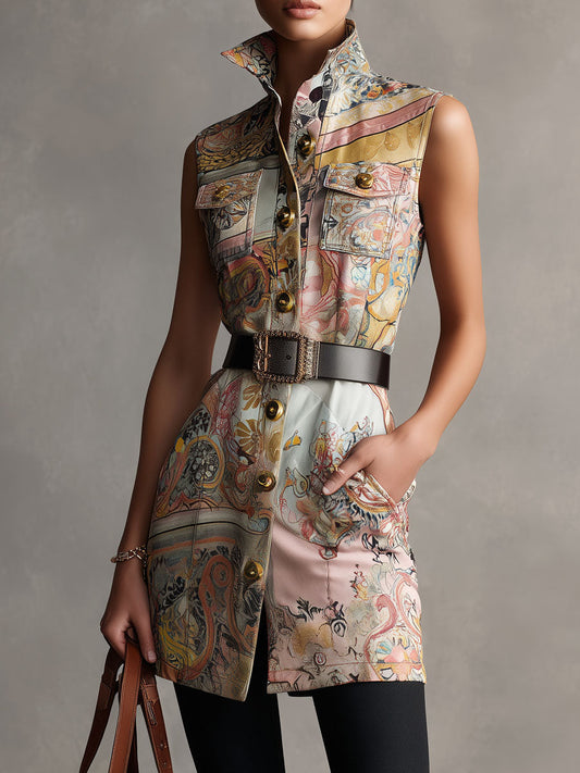Retro Baroque Print Satin Sleeveless Shirt Dress